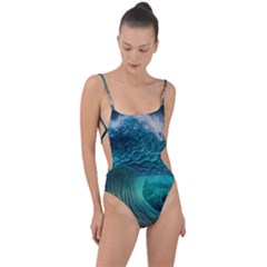 Tsunami Waves Ocean Sea Water Rough Seas Tie Strap One Piece Swimsuit by Pakemis