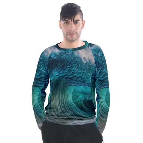 Tsunami Waves Ocean Sea Water Rough Seas Men s Long Sleeve Raglan Tee by Pakemis