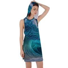 Tsunami Waves Ocean Sea Water Rough Seas Racer Back Hoodie Dress by Pakemis