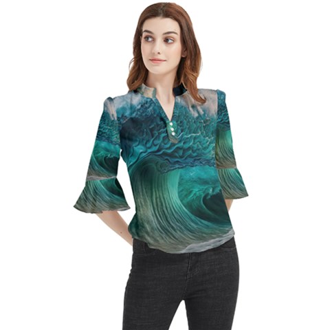 Tsunami Waves Ocean Sea Water Rough Seas Loose Horn Sleeve Chiffon Blouse by Pakemis