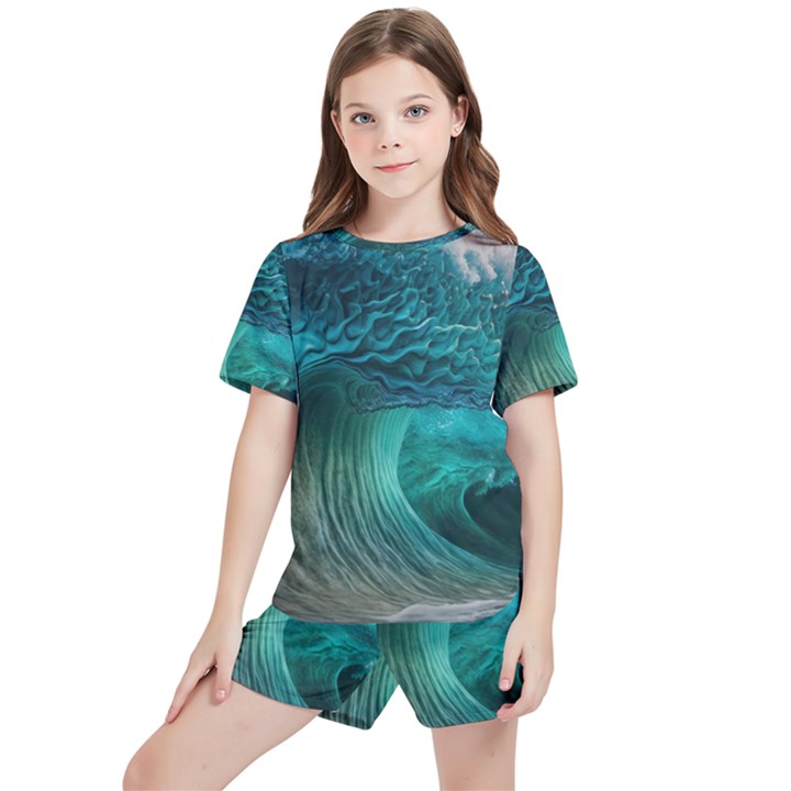 Tsunami Waves Ocean Sea Water Rough Seas Kids  Tee And Sports Shorts Set