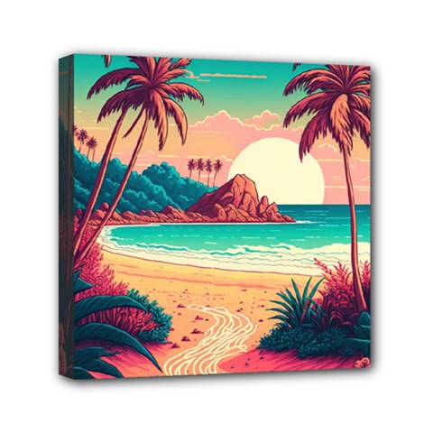 Palm Trees Tropical Ocean Sunset Sunrise Landscape Mini Canvas 6  X 6  (stretched) by Pakemis