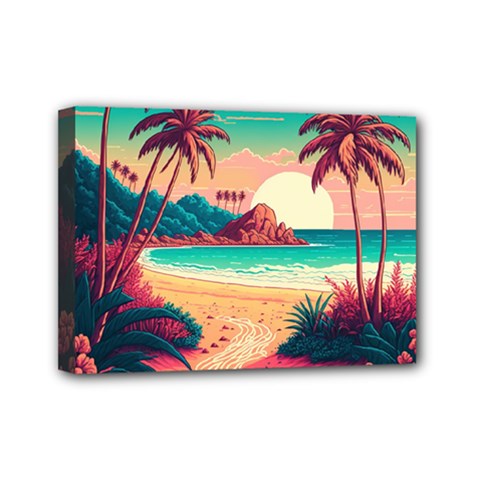 Palm Trees Tropical Ocean Sunset Sunrise Landscape Mini Canvas 7  X 5  (stretched) by Pakemis