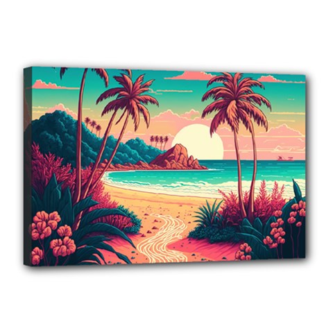 Palm Trees Tropical Ocean Sunset Sunrise Landscape Canvas 18  X 12  (stretched) by Pakemis