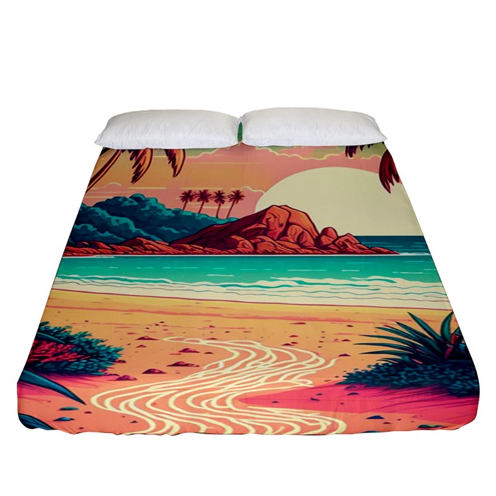 Palm Trees Tropical Ocean Sunset Sunrise Landscape Fitted Sheet (King Size)