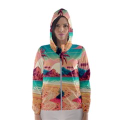 Palm Trees Tropical Ocean Sunset Sunrise Landscape Women s Hooded Windbreaker