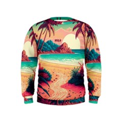 Palm Trees Tropical Ocean Sunset Sunrise Landscape Kids  Sweatshirt by Pakemis