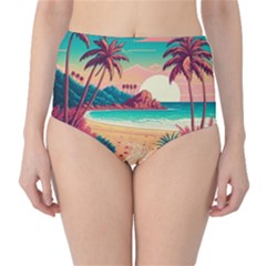 Palm Trees Tropical Ocean Sunset Sunrise Landscape Classic High-waist Bikini Bottoms by Pakemis