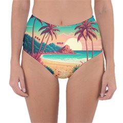 Palm Trees Tropical Ocean Sunset Sunrise Landscape Reversible High-waist Bikini Bottoms by Pakemis