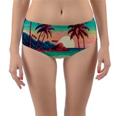 Palm Trees Tropical Ocean Sunset Sunrise Landscape Reversible Mid-waist Bikini Bottoms by Pakemis