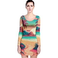 Palm Trees Tropical Ocean Sunset Sunrise Landscape Long Sleeve Velvet Bodycon Dress