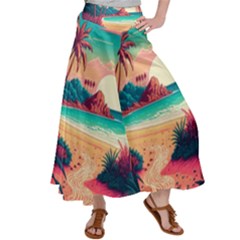 Palm Trees Tropical Ocean Sunset Sunrise Landscape Satin Palazzo Pants by Pakemis