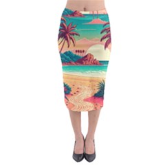 Palm Trees Tropical Ocean Sunset Sunrise Landscape Midi Pencil Skirt by Pakemis