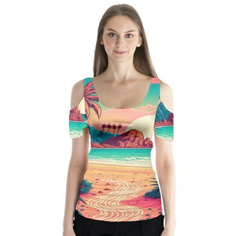 Palm Trees Tropical Ocean Sunset Sunrise Landscape Butterfly Sleeve Cutout Tee  by Pakemis