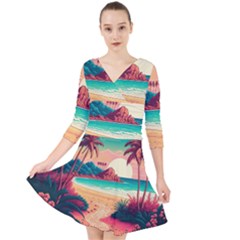 Palm Trees Tropical Ocean Sunset Sunrise Landscape Quarter Sleeve Front Wrap Dress by Pakemis