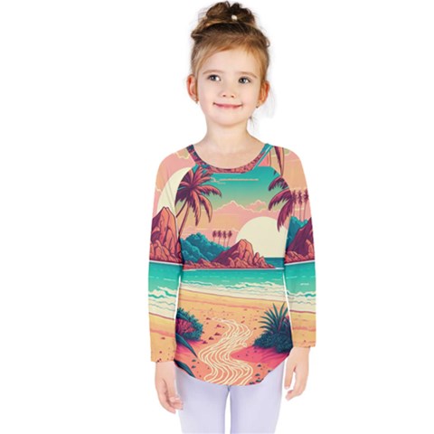 Palm Trees Tropical Ocean Sunset Sunrise Landscape Kids  Long Sleeve Tee by Pakemis