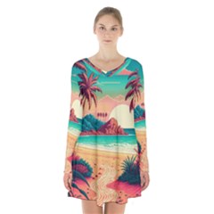 Palm Trees Tropical Ocean Sunset Sunrise Landscape Long Sleeve Velvet V-neck Dress