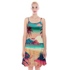 Palm Trees Tropical Ocean Sunset Sunrise Landscape Spaghetti Strap Velvet Dress by Pakemis