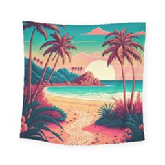 Palm Trees Tropical Ocean Sunset Sunrise Landscape Square Tapestry (small) by Pakemis