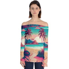 Palm Trees Tropical Ocean Sunset Sunrise Landscape Off Shoulder Long Sleeve Top by Pakemis