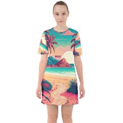 Palm Trees Tropical Ocean Sunset Sunrise Landscape Sixties Short Sleeve Mini Dress by Pakemis