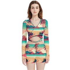 Palm Trees Tropical Ocean Sunset Sunrise Landscape Velvet Wrap Crop Top And Shorts Set by Pakemis