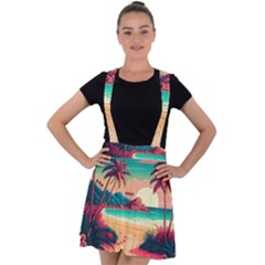 Palm Trees Tropical Ocean Sunset Sunrise Landscape Velvet Suspender Skater Skirt by Pakemis