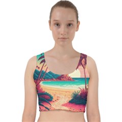 Palm Trees Tropical Ocean Sunset Sunrise Landscape Velvet Racer Back Crop Top by Pakemis