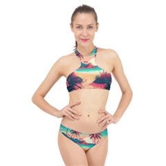 Palm Trees Tropical Ocean Sunset Sunrise Landscape High Neck Bikini Set by Pakemis