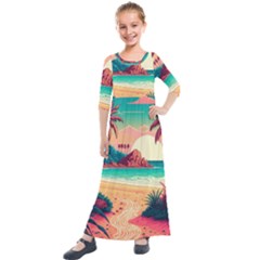 Palm Trees Tropical Ocean Sunset Sunrise Landscape Kids  Quarter Sleeve Maxi Dress by Pakemis