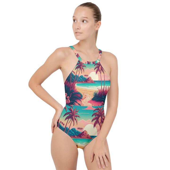 Palm Trees Tropical Ocean Sunset Sunrise Landscape High Neck One Piece Swimsuit