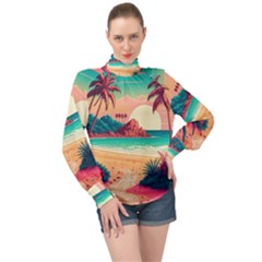 Palm Trees Tropical Ocean Sunset Sunrise Landscape High Neck Long Sleeve Chiffon Top by Pakemis