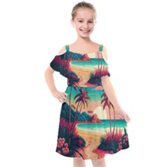 Palm Trees Tropical Ocean Sunset Sunrise Landscape Kids  Cut Out Shoulders Chiffon Dress by Pakemis