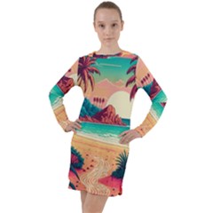 Palm Trees Tropical Ocean Sunset Sunrise Landscape Long Sleeve Hoodie Dress