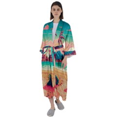 Palm Trees Tropical Ocean Sunset Sunrise Landscape Maxi Satin Kimono by Pakemis