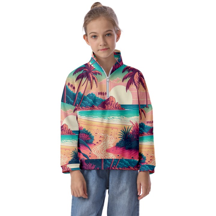 Palm Trees Tropical Ocean Sunset Sunrise Landscape Kids  Half Zip Hoodie