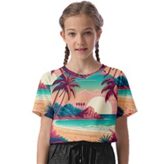 Palm Trees Tropical Ocean Sunset Sunrise Landscape Kids  Basic Tee by Pakemis