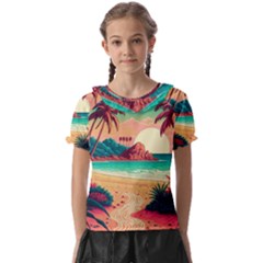 Palm Trees Tropical Ocean Sunset Sunrise Landscape Kids  Frill Chiffon Blouse by Pakemis