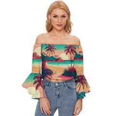 Palm Trees Tropical Ocean Sunset Sunrise Landscape Off Shoulder Flutter Bell Sleeve Top