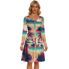 Palm Trees Tropical Ocean Sunset Sunrise Landscape Long Sleeve Dress With Pocket by Pakemis