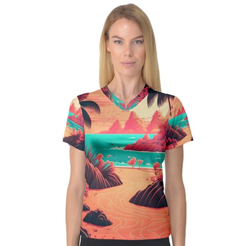 Tropical Beach Sea Jungle Ocean Landscape V-neck Sport Mesh Tee by Pakemis