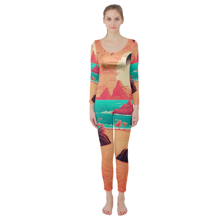 Tropical Beach Sea Jungle Ocean Landscape Long Sleeve Catsuit