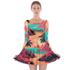 Tropical Beach Sea Jungle Ocean Landscape Long Sleeve Skater Dress by Pakemis