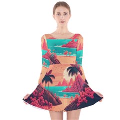 Tropical Beach Sea Jungle Ocean Landscape Long Sleeve Velvet Skater Dress by Pakemis