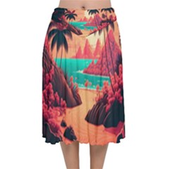 Tropical Beach Sea Jungle Ocean Landscape Velvet Flared Midi Skirt