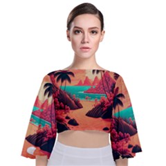 Tropical Beach Sea Jungle Ocean Landscape Tie Back Butterfly Sleeve Chiffon Top by Pakemis