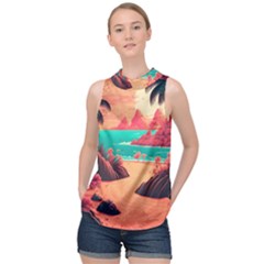 Tropical Beach Sea Jungle Ocean Landscape High Neck Satin Top by Pakemis