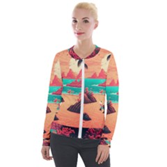 Tropical Beach Sea Jungle Ocean Landscape Velvet Zip Up Jacket by Pakemis