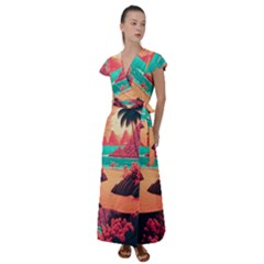 Tropical Beach Sea Jungle Ocean Landscape Flutter Sleeve Maxi Dress by Pakemis