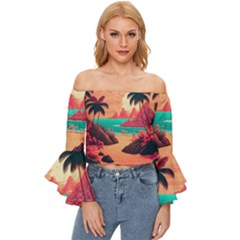 Tropical Beach Sea Jungle Ocean Landscape Off Shoulder Flutter Bell Sleeve Top